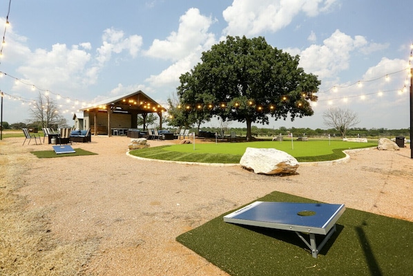 Cornhole fun by the fire