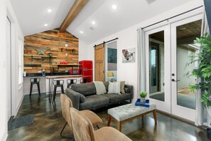 Sip coffee or pour wine steps from the living room