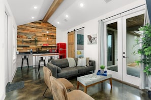 Sip coffee or pour wine steps from the living room