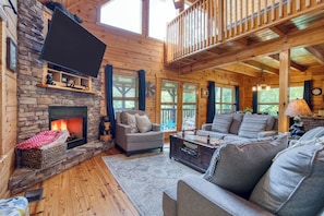 Cozy and inviting living room with fireplace.