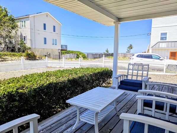 The front deck affords a partial view of the bay.