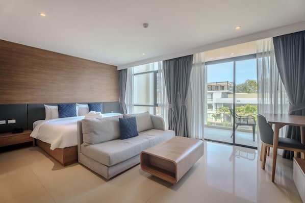 King Size Bed, Sofa, Table, A/C, Chair, Balcony View