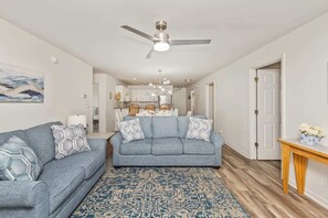 Bright and beachy with comfy seating for the whole crew.

