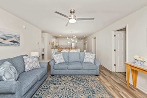 Bright and beachy with comfy seating for the whole crew.