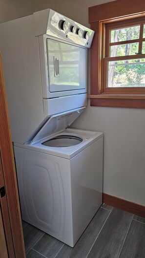 Washer and dryer off the bathroom, Fragrance/dye free detergent available
