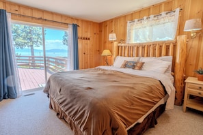 Enjoy a king-size bed, peaceful lake views, and your own access to the deck through sliding glass doors