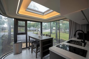 A Modern kitchen area with ample lighting and views!