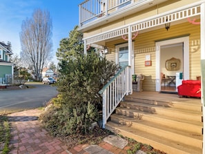 Pathway and stairs leading to unit entrance from parking space. Deck seating for evening beverages.