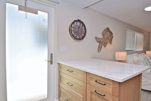 A peninsula with 2 barstools