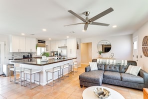 Living Room | Single-Story Home | Queen Sleeper Sofa | Central A/C & Heating