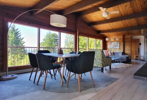 There is nothing like having a morning coffee or evening meal, watching bald eagles and whales from the comfort of the dining area.