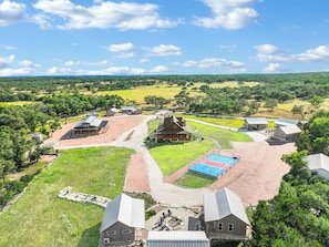 Aerial view from the rear of the ranch looking back toward the entrance.