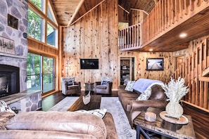 Listen to the wood burning fireplace crackle as you enjoy a movie
