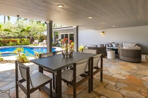 Have meals outside in the fresh air on this covered lanai by the pool.