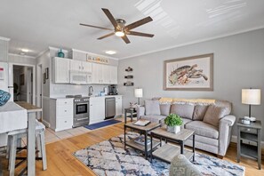 Kitchen, dining and living room area, all new including ceiling fan