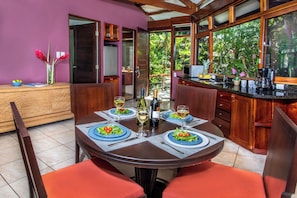 Each bungalow provides a kitchen and dining area