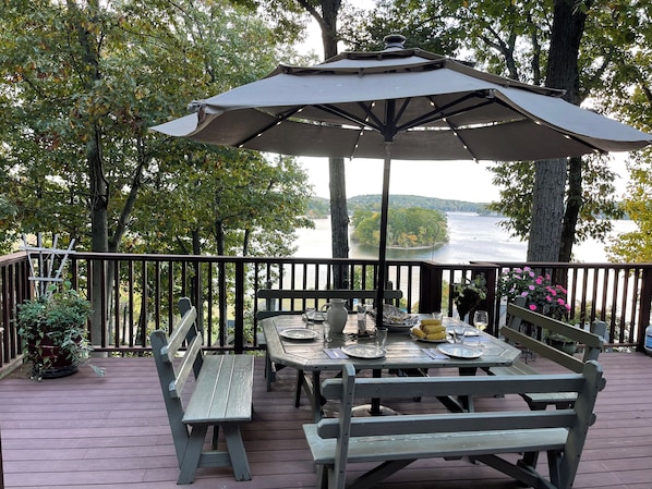 Enjoy outdoor dining with views of the lake!