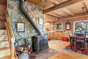 Wood-burning fireplace.
