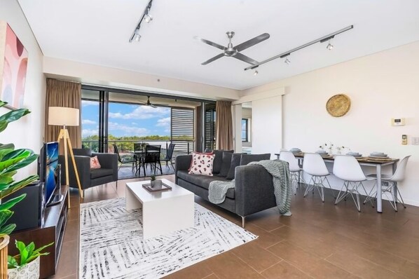 Open plan lounge, dining and kitchen - generously sized one bedroom apartment.