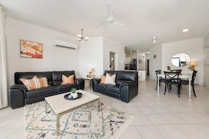 Spacious and open plan living, dining and kitchen areas.