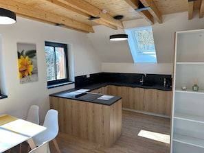 Furniture, Flooring, Wood, Interior Design, Countertop, Floor, Kitchen, Ceiling, Lighting, Home