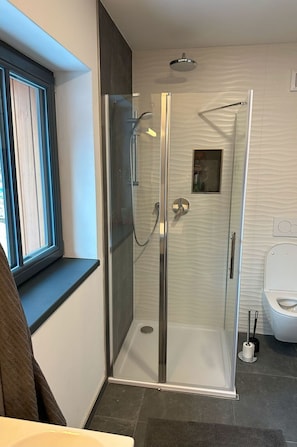 Bathroom, Plumbing Fixture, Flooring, Floor, Interior Design, Plumbing, Toilet, Shower Door, Tile, Shower