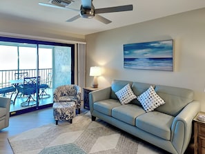 Living Room - Gulf Views + Private Beachfront Balcony Access