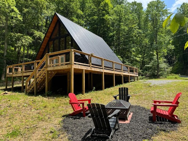 Cozy A frame retreat with wrap around deck,  fireplace and hot tub