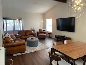 Easy TV viewing, sofa for 3, love seat for 2, over sized chair & ottoman.