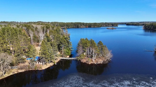 aerial view of the island on Lake Alice