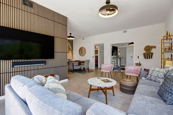 Living Space with pull out sleeper sofa and extra storage