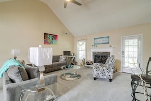 Living Area | Wood-Burning Fireplace | Laptop Workspace | Queen Sleeper Sofa