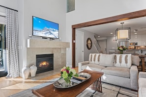 Furniture, Indoors, Living Room, Table, Fireplace