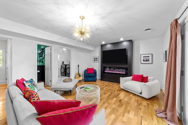 Comfortable seating area with TV.