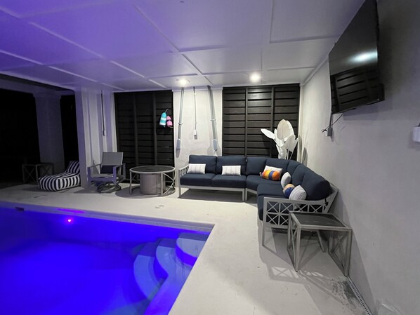 Super Comfortable Pool Area Seating, Heated Saltwater Pool with Water Fall
