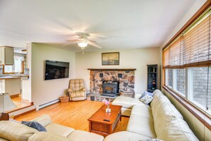 Living Room | Single-Story Home | Wood-Burning Stove | Smart TV