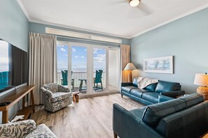Living room overlooking balcony