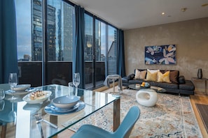 spacious corner lounge with open large window