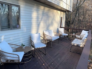 Plenty of seating for entertaining on the elevated back deck. You can watch the wildlife as they walk through the yard, feed the deer, or just take in the fresh mountain air.