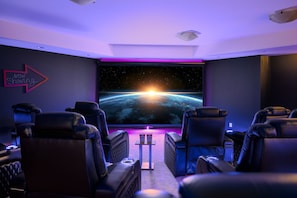 You'll enjoy a 150" Movie Theatre with 14 Italian Leather power recliners and adjustable headrests for your UNTIMATE comfort. Kick back, relax and stream your favorite movies for movie night!