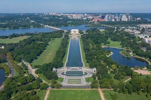 Aerial view of the National Mall and Reflecting Pool in DC