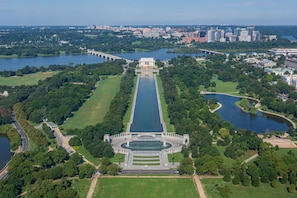 Aerial view of the National Mall and Reflecting Pool in DC