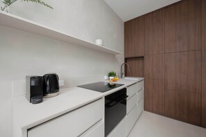 Fully equipped kitchenette with induction cooktop, oven with microwave option, electric kettle, coffee maker, refrigerator with freezer and dishwasher.