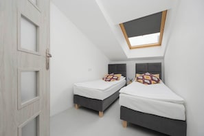 A cozy attic bedroom with two single beds under a slanted ceiling and a skylight window.