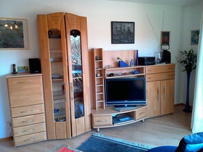 Wohnraum mit Schrank - Entertainment = DVD, CD, Radio,  40" - TV,