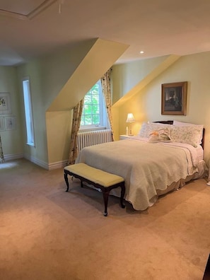 The Maples Bedroom Suite overlooks 2 majestic maple trees. Air conditioned. Keyed lockable privacy door. Frosted Glass privacy bathroom with soaker tub & separate glass shower. Marble sink. Secret tower room above. Armoire.