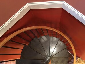 stairs to the large loft with great river views and 2 beds, sleeps 4