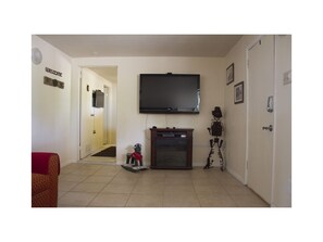 Our living room has big screen TV and Roku; and  an electric fireplace for heat.