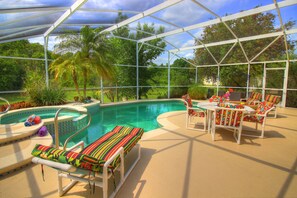 VERY PRIVATE & Well Furnished deck with dining area & loungers. Pool depth 1-6 F