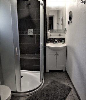 Slate rain shower with bench seating, magnifying mirror 